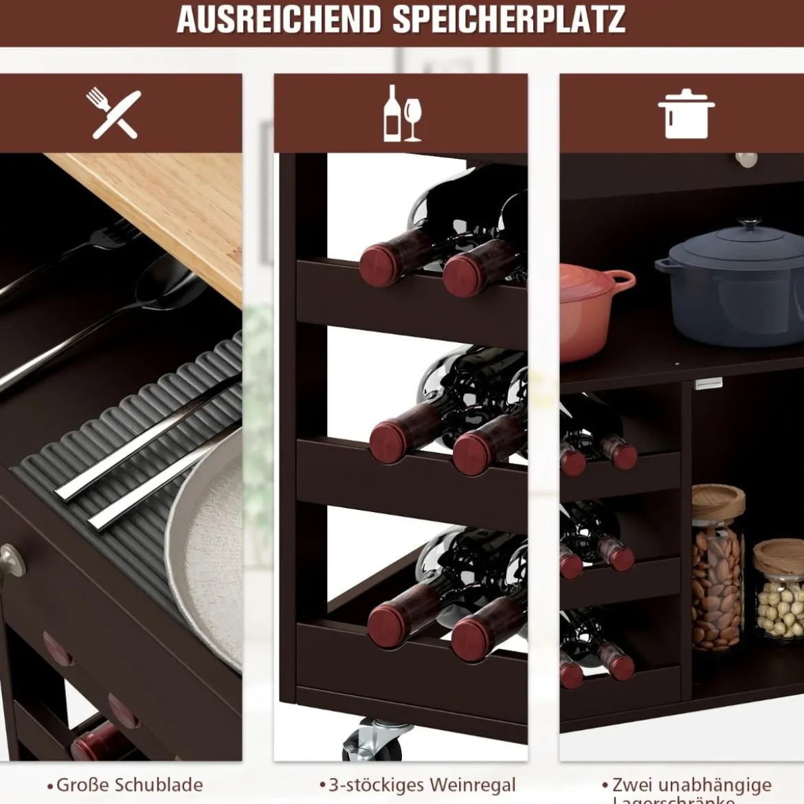 Küchenwagen mit Schubladen & 3-stöckigem Weinregal & Arbeitsplatte Servierwagen Braun
