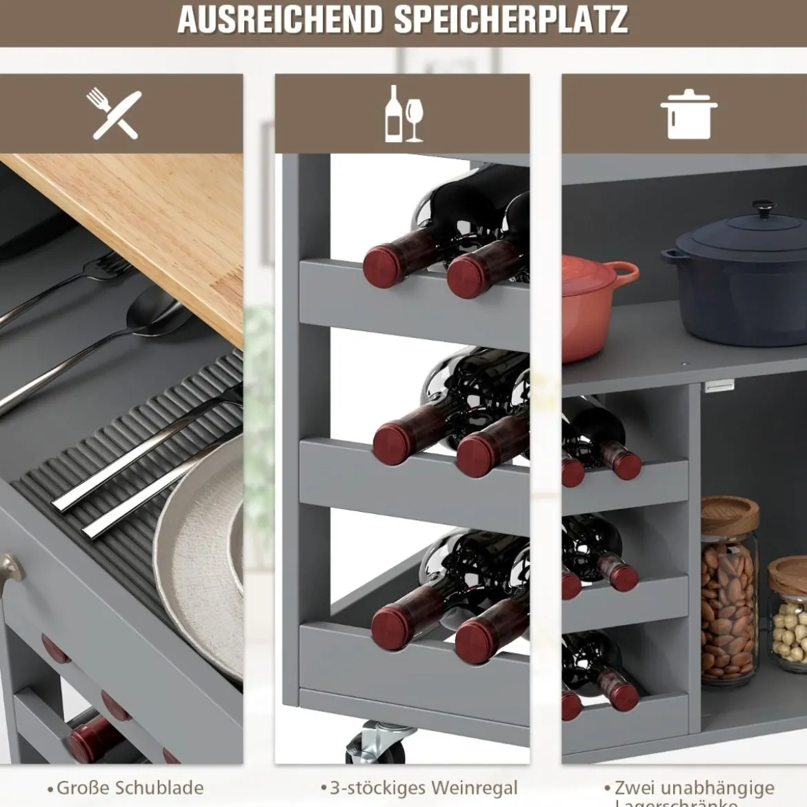 Küchenwagen mit Schubladen & 3-stöckigem Weinregal & Arbeitsplatte Servierwagen Grau