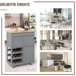 Küchenwagen mit Schubladen & 3-stöckigem Weinregal & Arbeitsplatte Servierwagen Grau