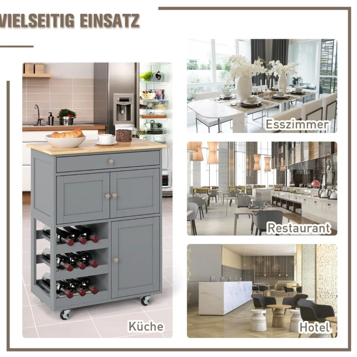 Küchenwagen mit Schubladen & 3-stöckigem Weinregal & Arbeitsplatte Servierwagen Grau