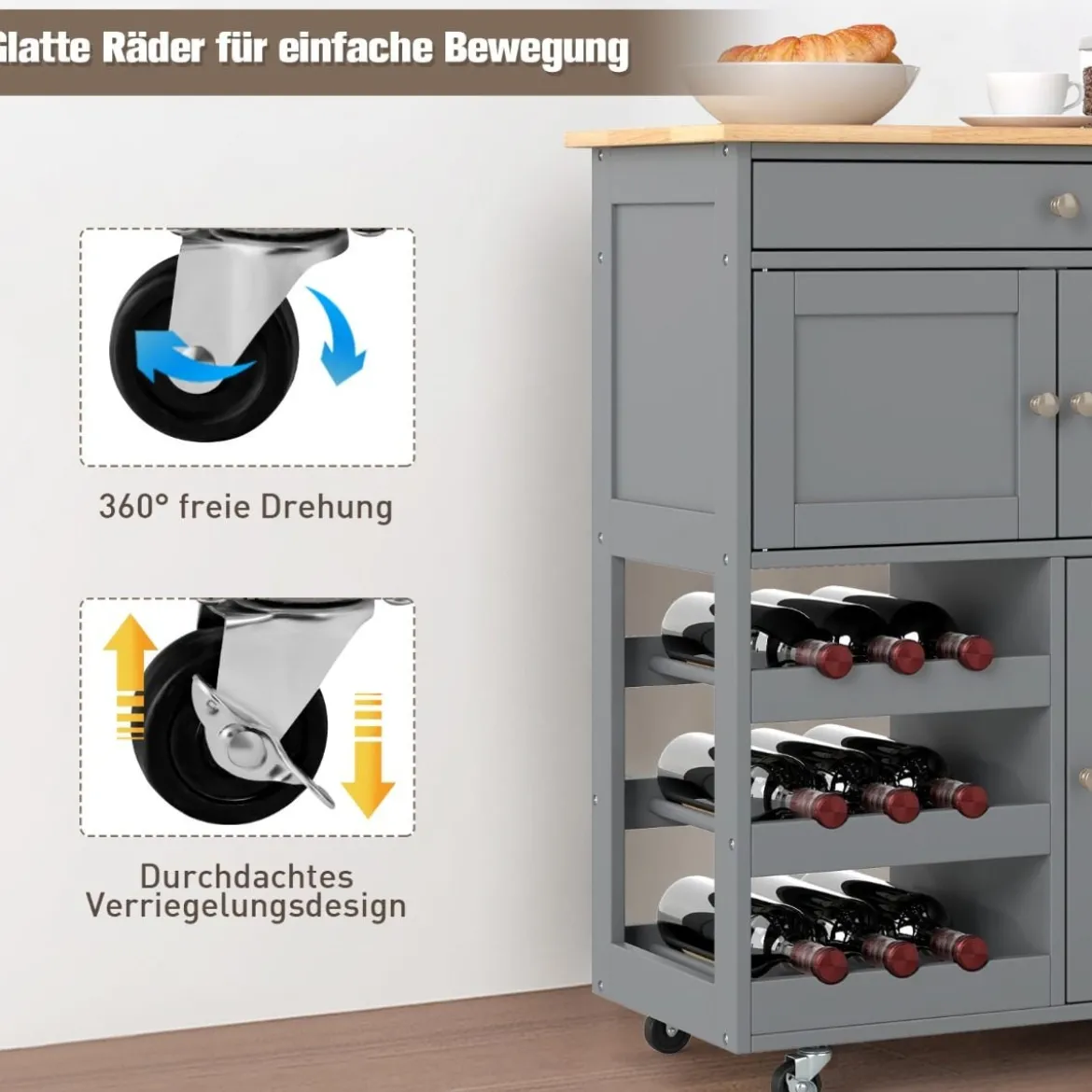 Küchenwagen mit Schubladen & 3-stöckigem Weinregal & Arbeitsplatte Servierwagen Grau