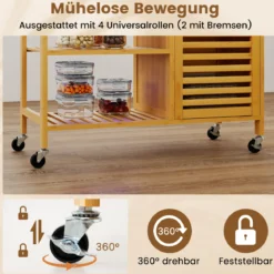 Küchenwagen mit Stauraum Bambus-Rollwagen Servierwagen mit Schublade 3 offene Regale Einzeltür-Schrank Natur