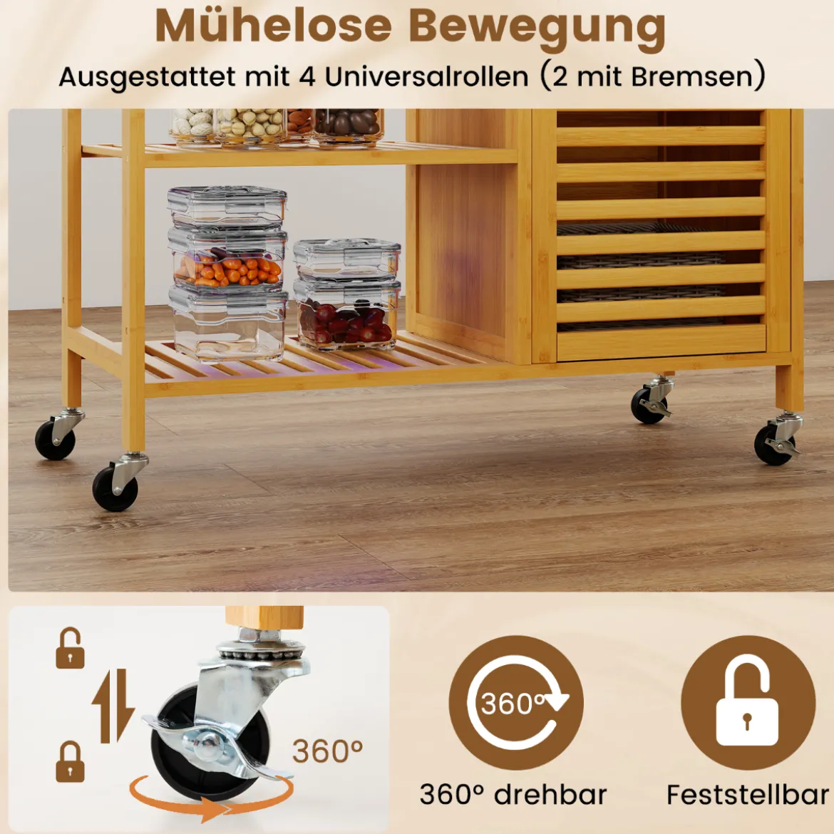 Küchenwagen mit Stauraum Bambus-Rollwagen Servierwagen mit Schublade 3 offene Regale Einzeltür-Schrank Natur