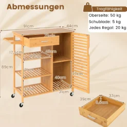 Küchenwagen mit Stauraum Bambus-Rollwagen Servierwagen mit Schublade 3 offene Regale Einzeltür-Schrank Natur