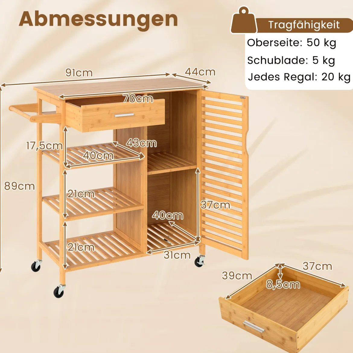 Küchenwagen mit Stauraum Bambus-Rollwagen Servierwagen mit Schublade 3 offene Regale Einzeltür-Schrank Natur