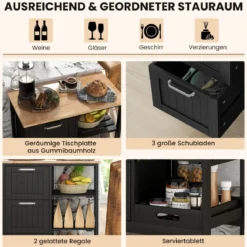 Küchenwagen mit Tablett & Regalen & 3 Großen Schubladen Rollbarer Küchenschrank