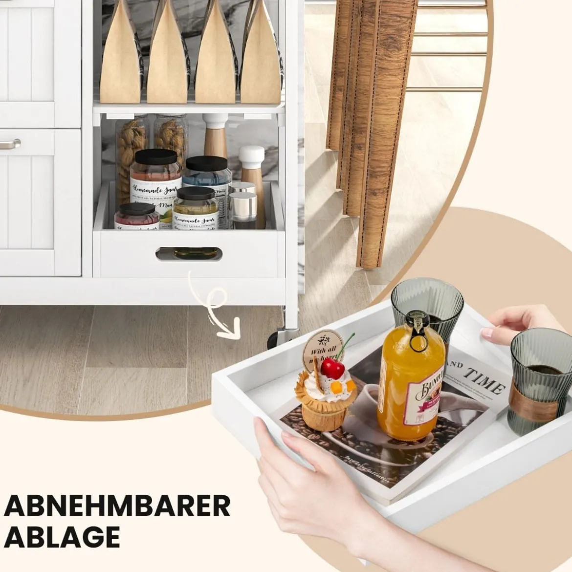 Küchenwagen mit Tablett & Regalen & 3 Großen Schubladen Rollbarer Küchenschrank