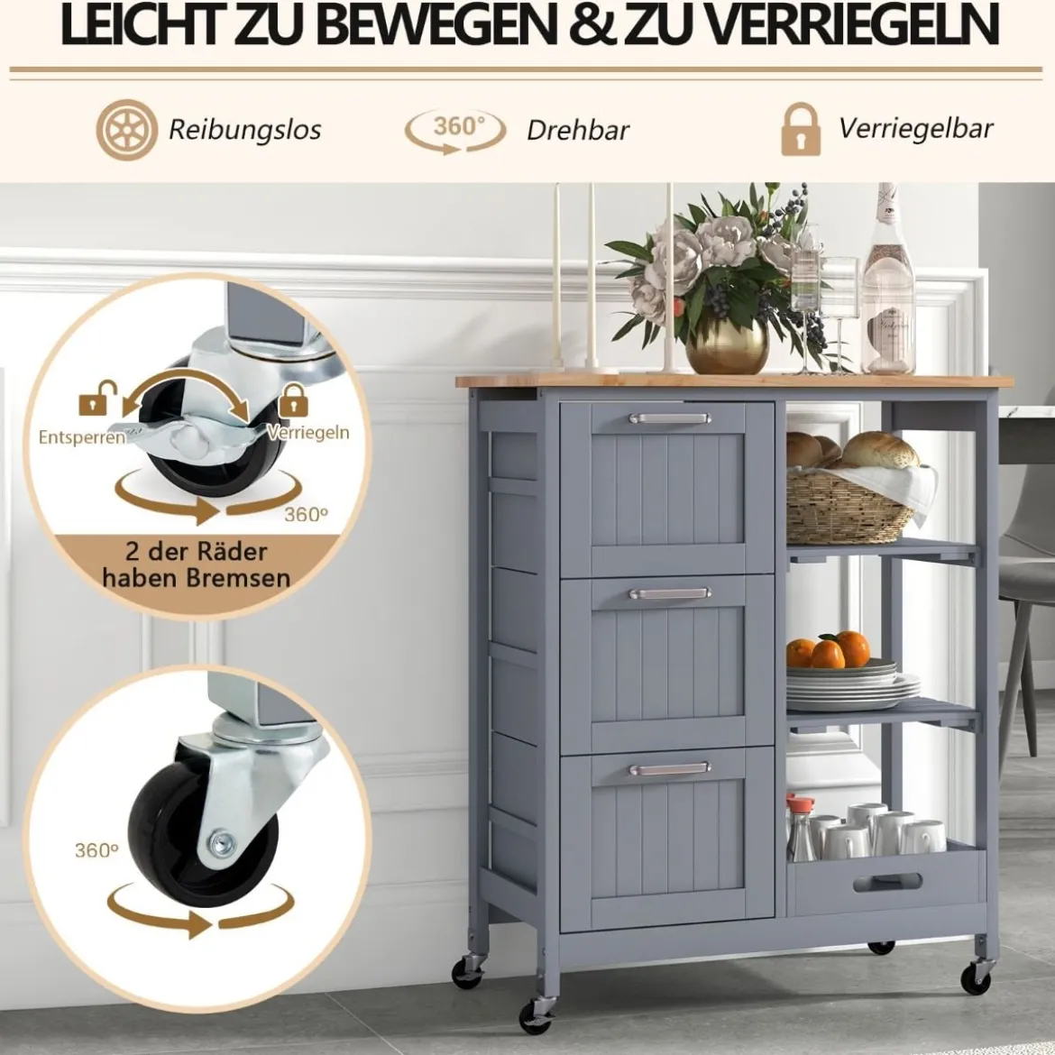 Küchenwagen mit Tablett & Regalen & 3 Großen Schubladen Rollbarer Küchenschrank