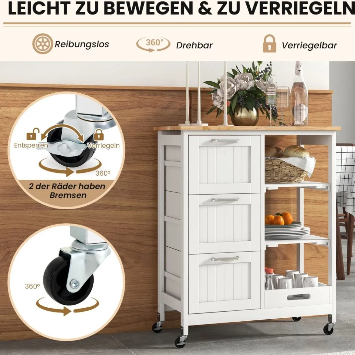Küchenwagen mit Tablett & Regalen & 3 Großen Schubladen Rollbarer Küchenschrank