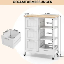 Küchenwagen mit Tablett & Regalen & 3 Großen Schubladen Rollbarer Küchenschrank