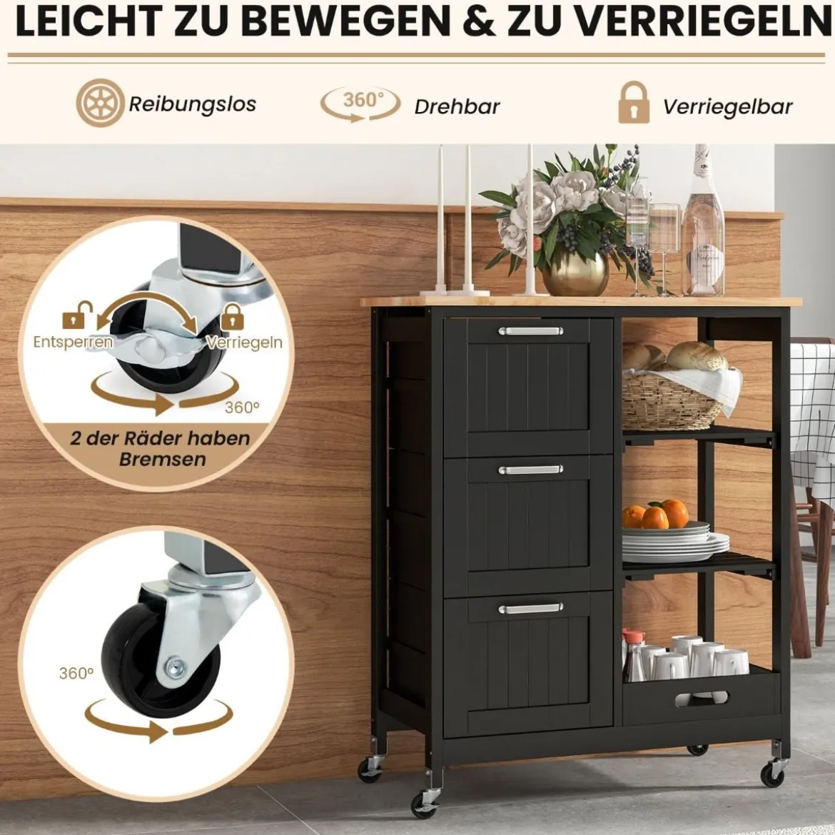 Küchenwagen mit Tablett & Regalen & 3 Großen Schubladen Rollbarer Küchenschrank