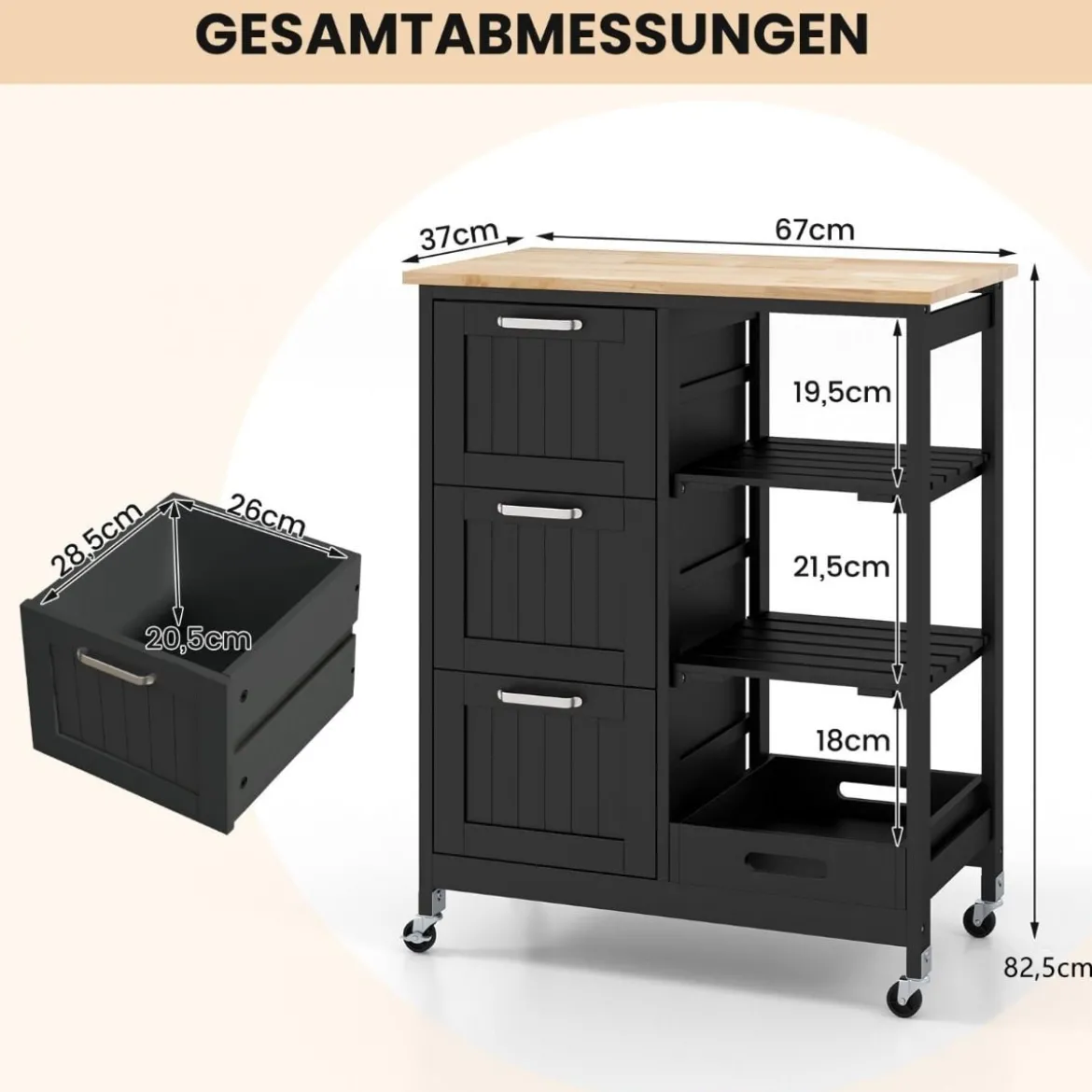 Küchenwagen mit Tablett & Regalen & 3 Großen Schubladen Rollbarer Küchenschrank