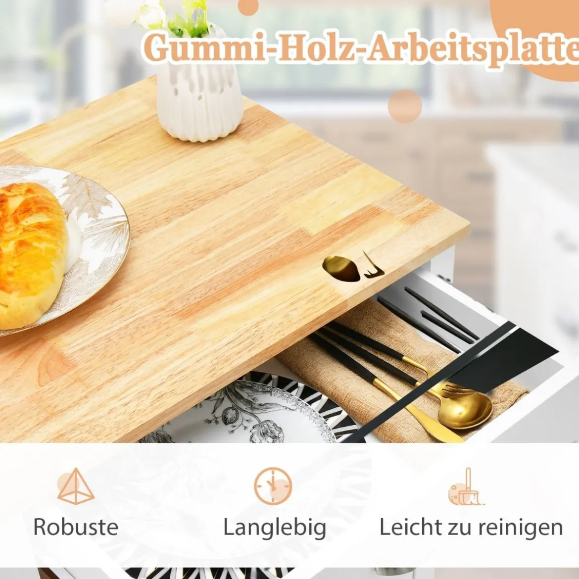 Küchenwagen Rollende Kücheninsel mit Gummiholzplatte 56 x 45 x 91 cm Weiß