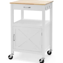 Küchenwagen Rollende Kücheninsel mit Gummiholzplatte 56 x 45 x 91 cm Weiß