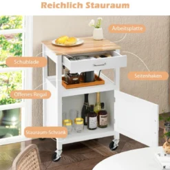 Küchenwagen Rollende Kücheninsel mit Gummiholzplatte 56 x 45 x 91 cm Weiß