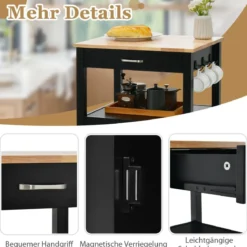 Küchenwagen Rollende Kücheninsel mit Gummiholzplatte 56 x 45 x 91 cm Schwarz