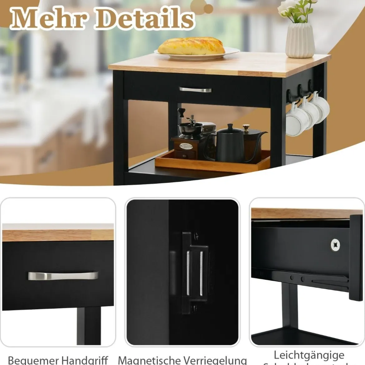 Küchenwagen Rollende Kücheninsel mit Gummiholzplatte 56 x 45 x 91 cm Schwarz