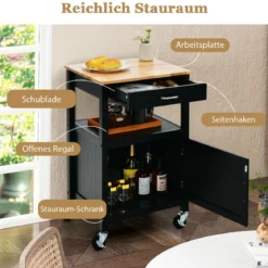 Küchenwagen Rollende Kücheninsel mit Gummiholzplatte 56 x 45 x 91 cm Schwarz