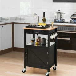 Küchenwagen Rollende Kücheninsel mit Gummiholzplatte 56 x 45 x 91 cm Schwarz