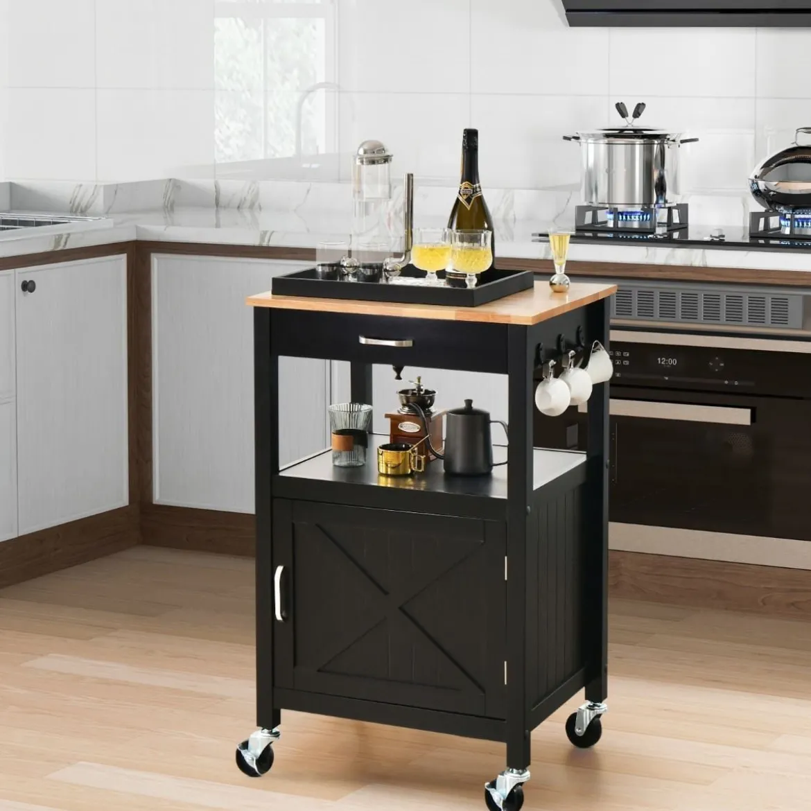 Küchenwagen Rollende Kücheninsel mit Gummiholzplatte 56 x 45 x 91 cm Schwarz