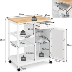Küchenwagen Rollende Kücheninsel mit Gummiholzplatte Küchenwagen mit Weinregal 70 x 45 x 86 cm Weiß