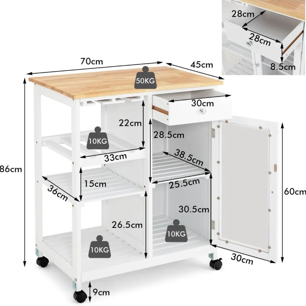 Küchenwagen Rollende Kücheninsel mit Gummiholzplatte Küchenwagen mit Weinregal 70 x 45 x 86 cm Weiß