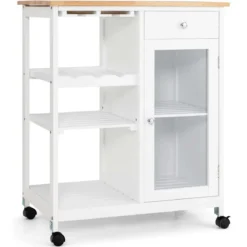 Küchenwagen Rollende Kücheninsel mit Gummiholzplatte Küchenwagen mit Weinregal 70 x 45 x 86 cm Weiß