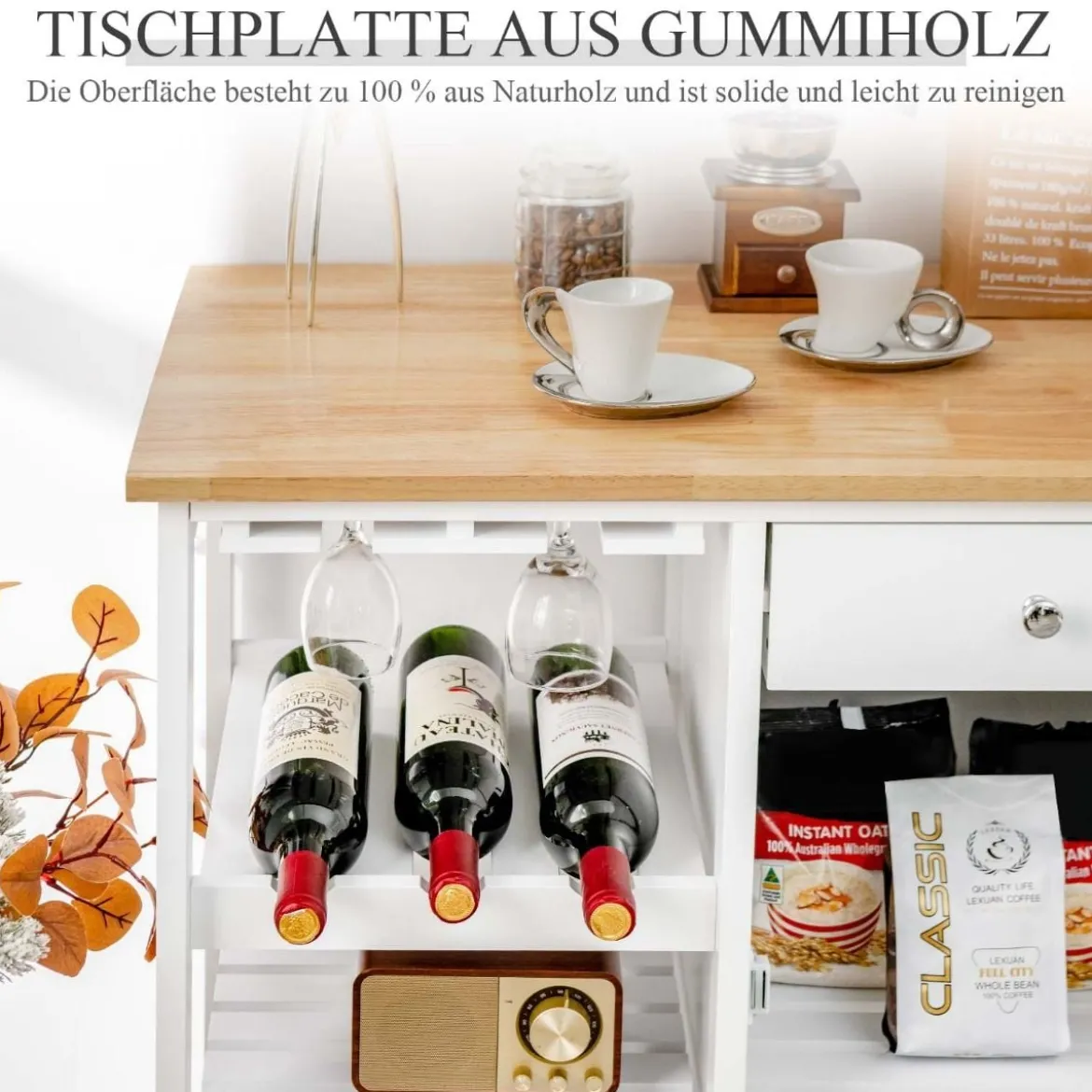 Küchenwagen Rollende Kücheninsel mit Gummiholzplatte Küchenwagen mit Weinregal 70 x 45 x 86 cm Weiß