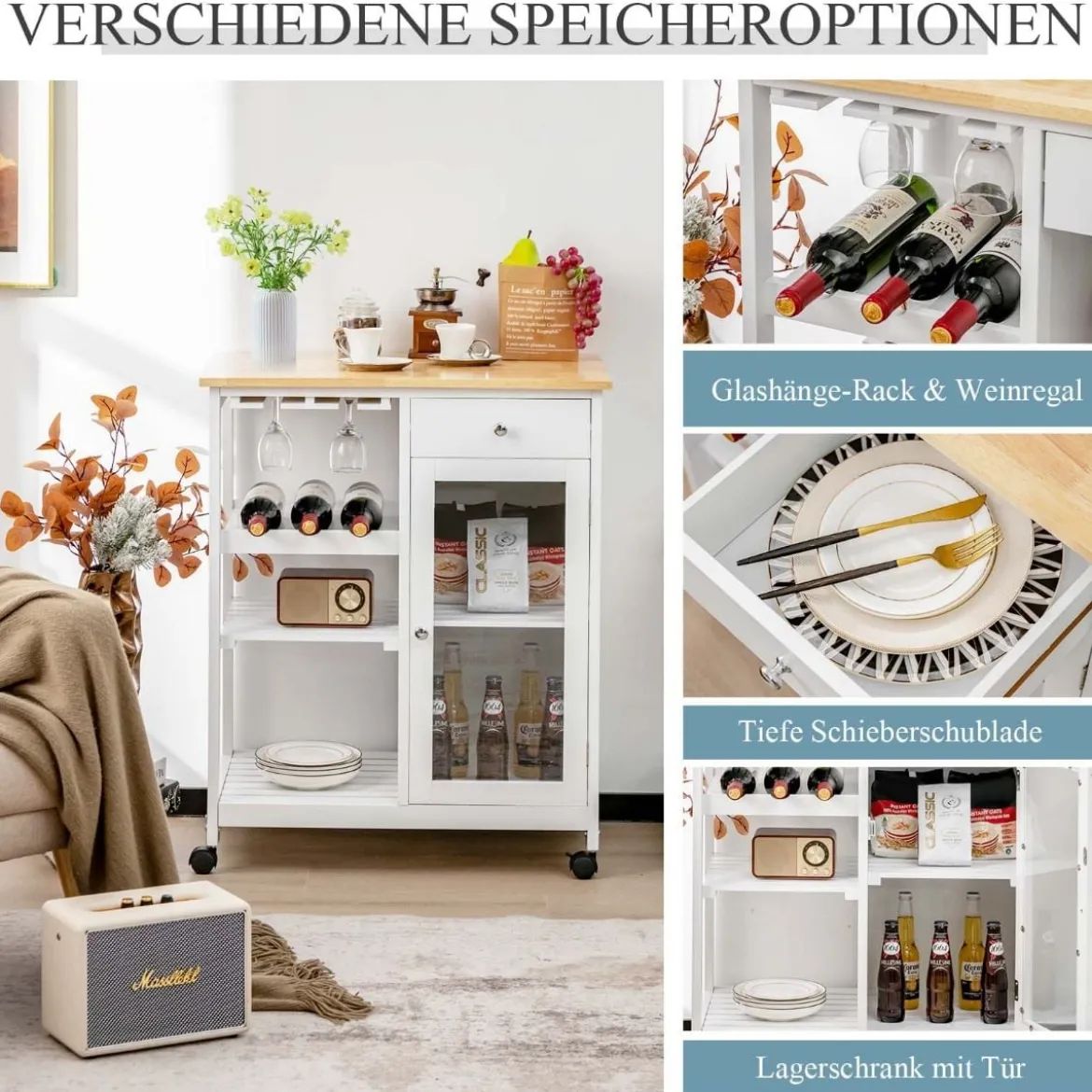 Küchenwagen Rollende Kücheninsel mit Gummiholzplatte Küchenwagen mit Weinregal 70 x 45 x 86 cm Weiß