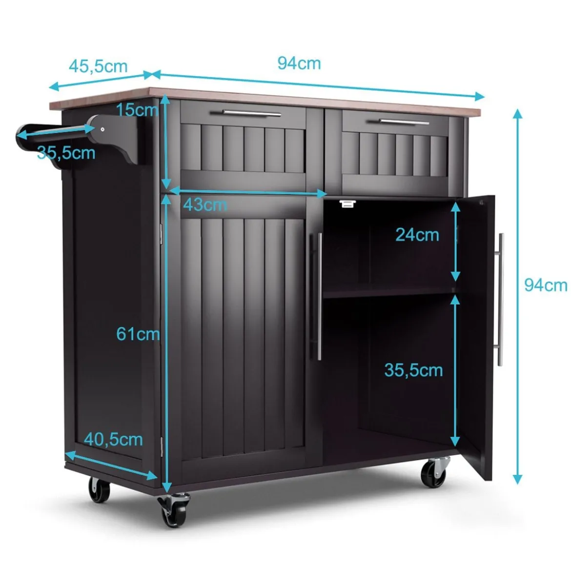 Küchenwagen Rollender Servierwagen mit Schubladen und Schränken 94 x 45,5 x 94,5 cm Kaffee