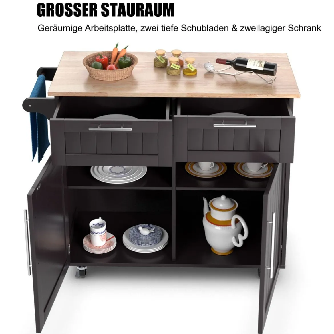 Küchenwagen Rollender Servierwagen mit Schubladen und Schränken 94 x 45,5 x 94,5 cm Kaffee