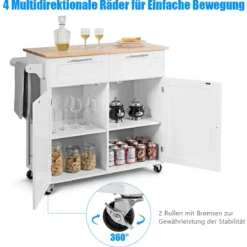 Küchenwagen Rollender Servierwagen mit Schubladen und Schränken 94 x 45,5 x 94,5 cm Weiß