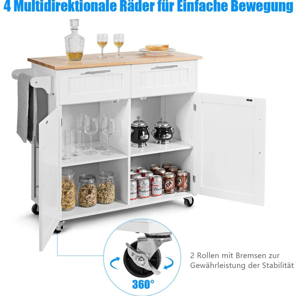 Küchenwagen Rollender Servierwagen mit Schubladen und Schränken 94 x 45,5 x 94,5 cm Weiß