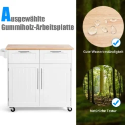 Küchenwagen Rollender Servierwagen mit Schubladen und Schränken 94 x 45,5 x 94,5 cm Weiß