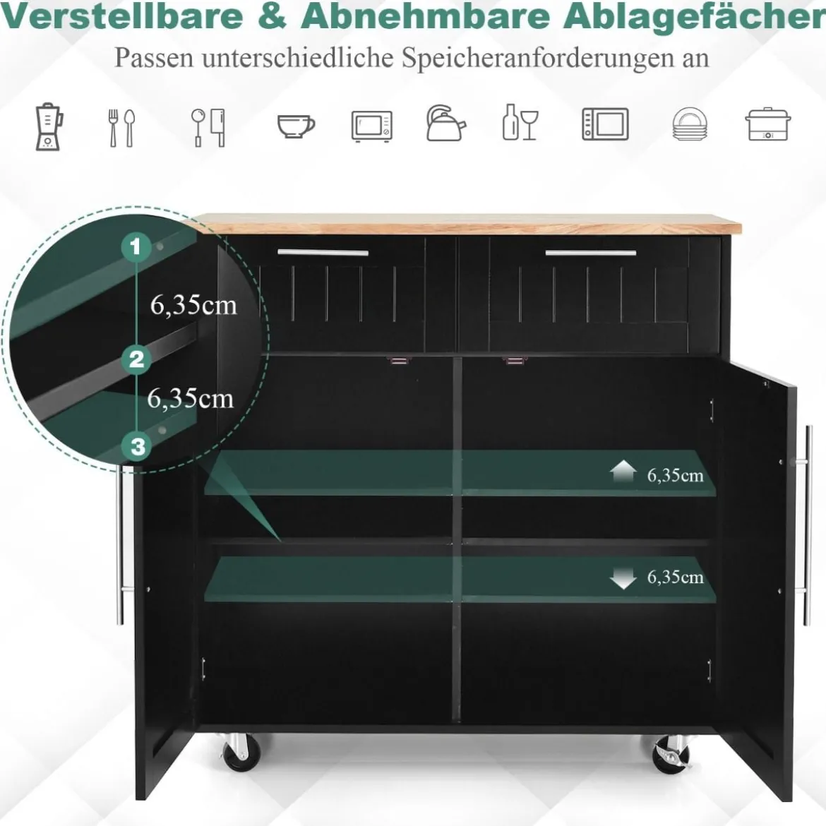 Küchenwagen Rollender Servierwagen mit Schubladen und Schränken 94 x 45,5 x 94,5 cm Schwarz