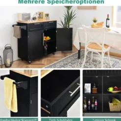 Küchenwagen Rollender Servierwagen mit Schubladen und Schränken 94 x 45,5 x 94,5 cm Schwarz