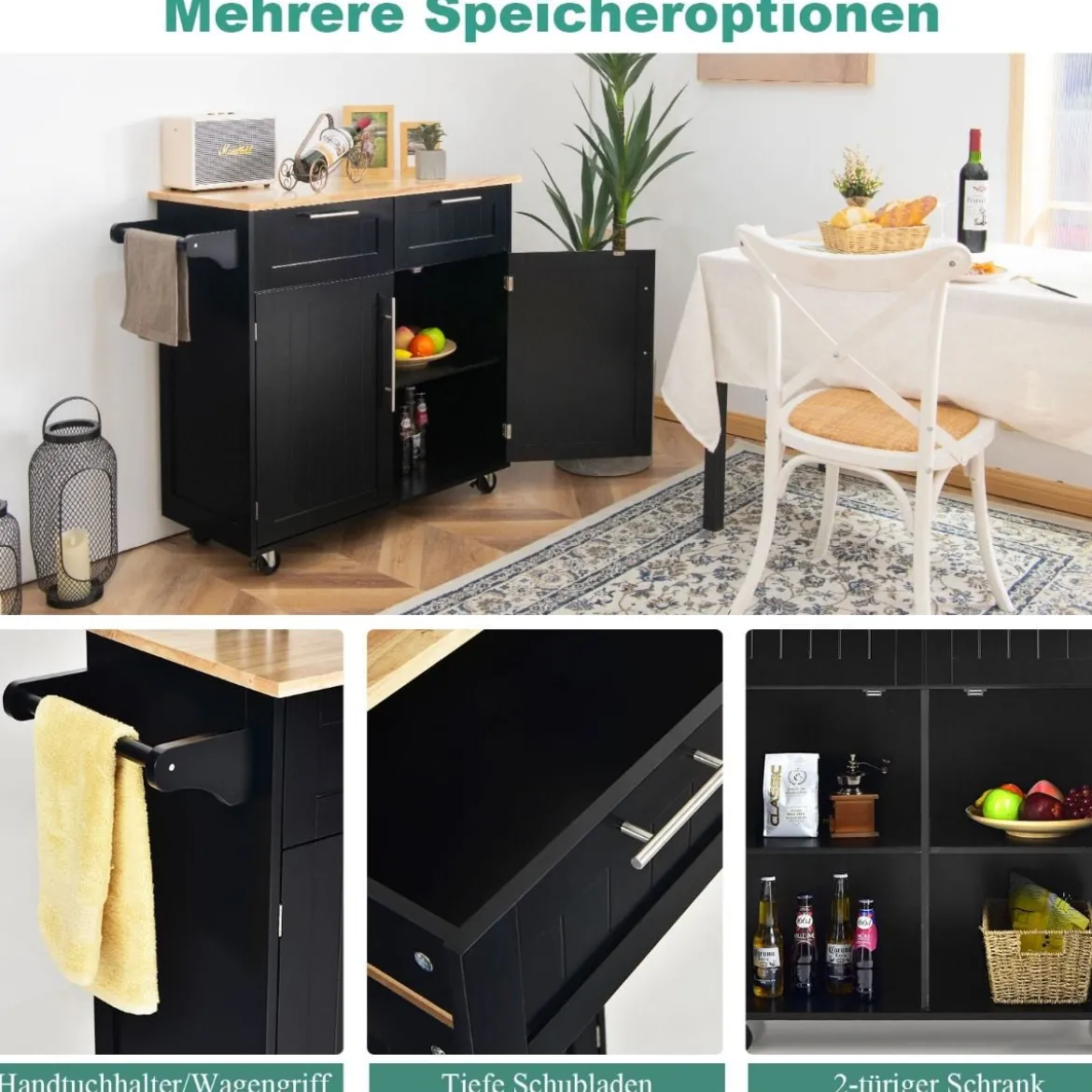 Küchenwagen Rollender Servierwagen mit Schubladen und Schränken 94 x 45,5 x 94,5 cm Schwarz
