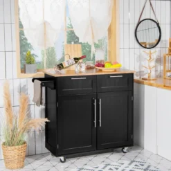 Küchenwagen Rollender Servierwagen mit Schubladen und Schränken 94 x 45,5 x 94,5 cm Schwarz