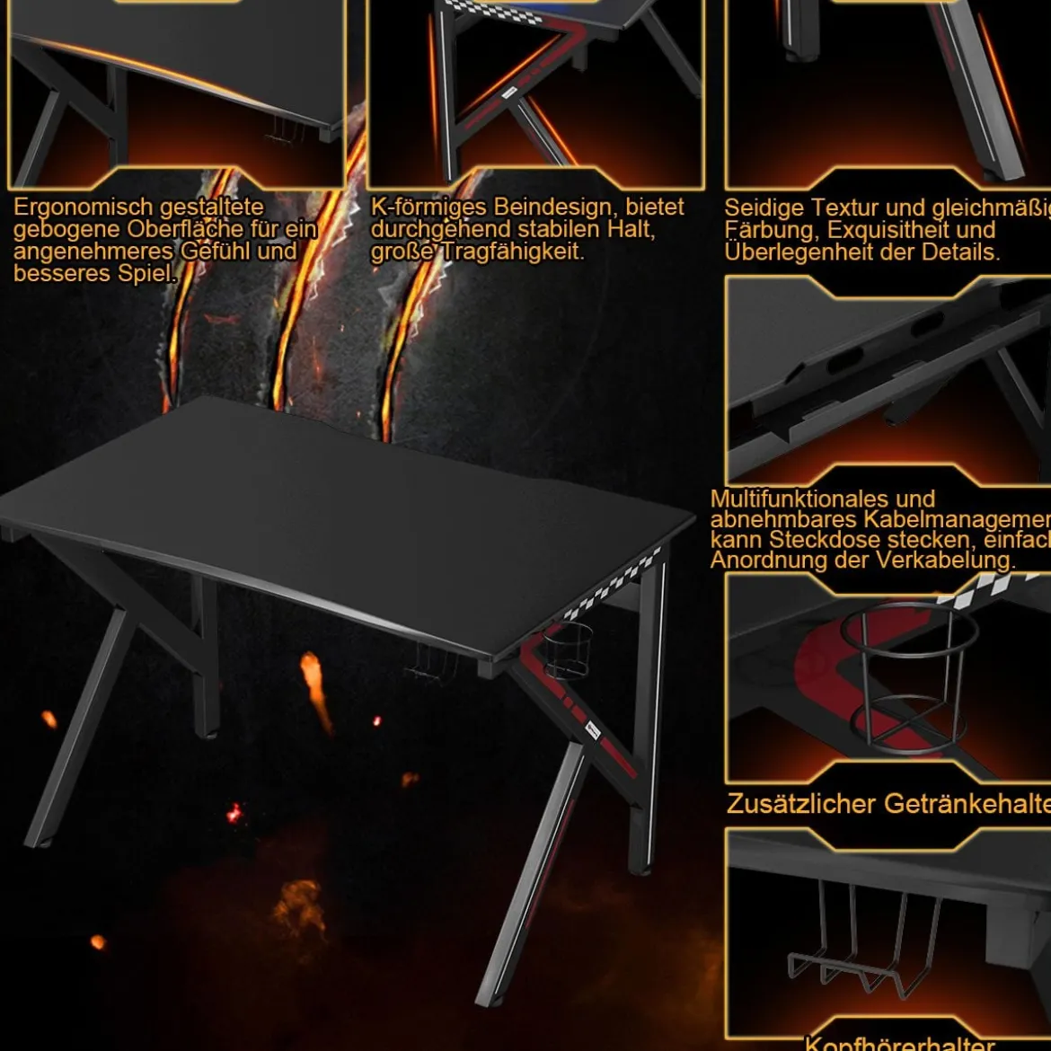 K-förmiger Gamingtisch mit Kopfhörerhaken Tassenhalter und Kabelmanagement ergonomischer Computertisch Schwarz