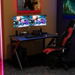 K-förmiger Gamingtisch mit Kopfhörerhaken Tassenhalter und Kabelmanagement ergonomischer Computertisch Schwarz
