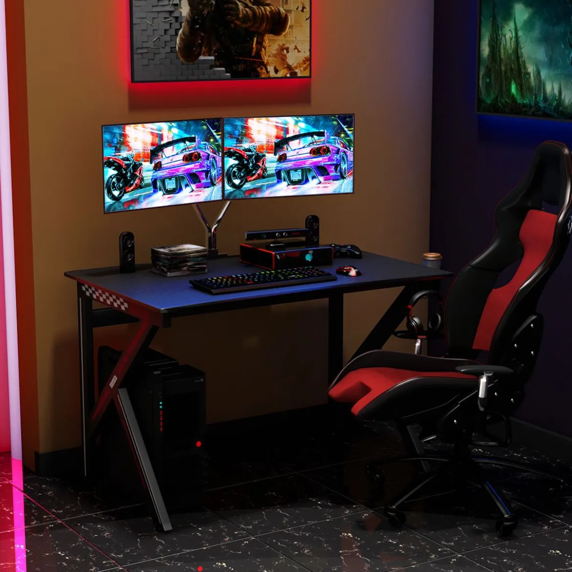 K-förmiger Gamingtisch mit Kopfhörerhaken Tassenhalter und Kabelmanagement ergonomischer Computertisch Schwarz