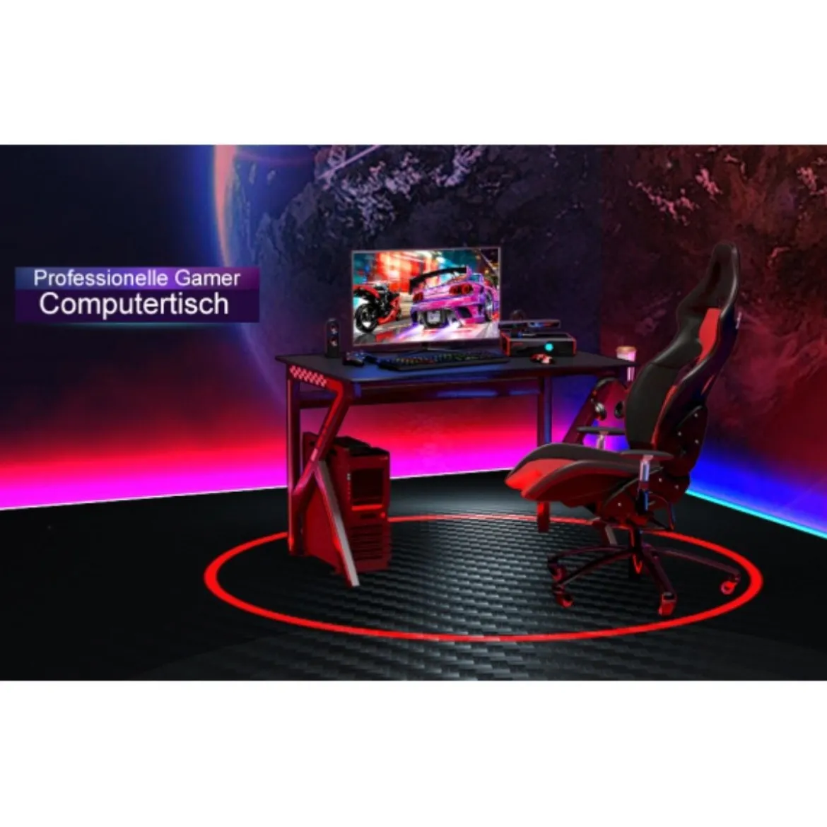 K-förmiger Gamingtisch mit Kopfhörerhaken Tassenhalter und Kabelmanagement ergonomischer Computertisch Schwarz