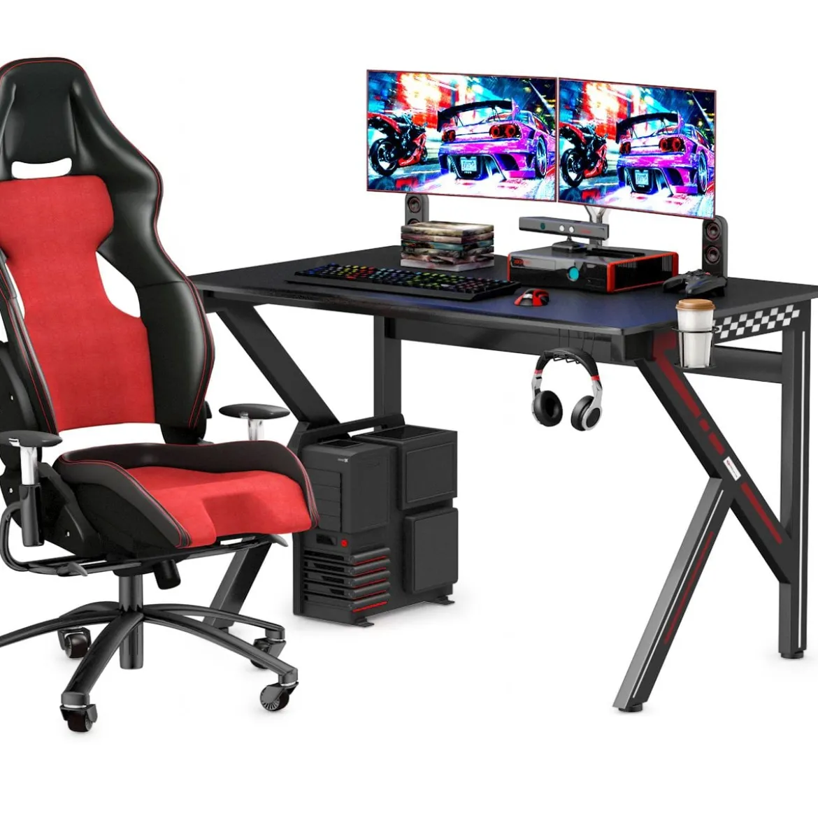 K-förmiger Gamingtisch mit Kopfhörerhaken Tassenhalter und Kabelmanagement ergonomischer Computertisch Schwarz