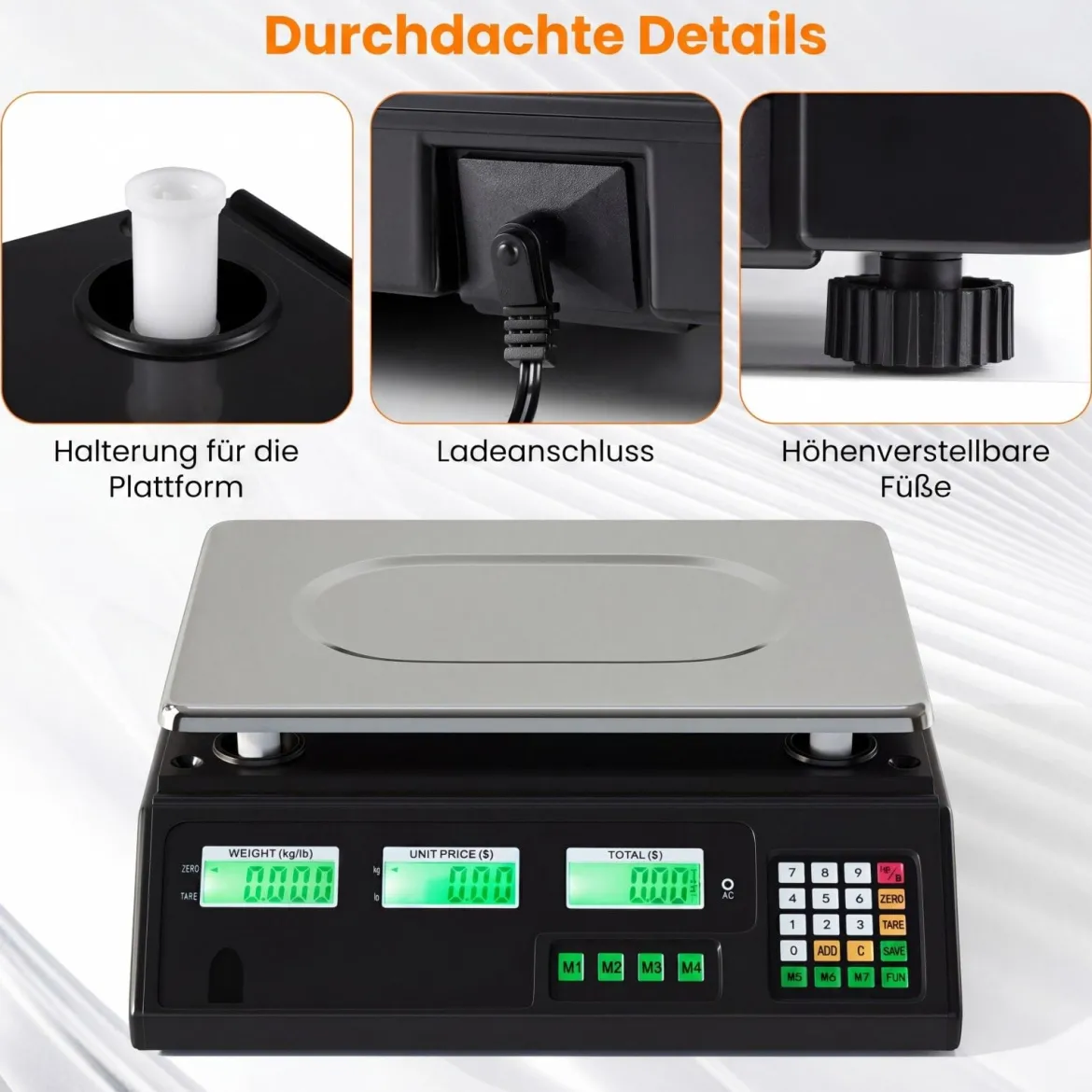 40 kg Digitale Ladenwaage Preisrechnende Lebensmittelwaage aus Edelstahl mit Beidseitigem LCD-Display