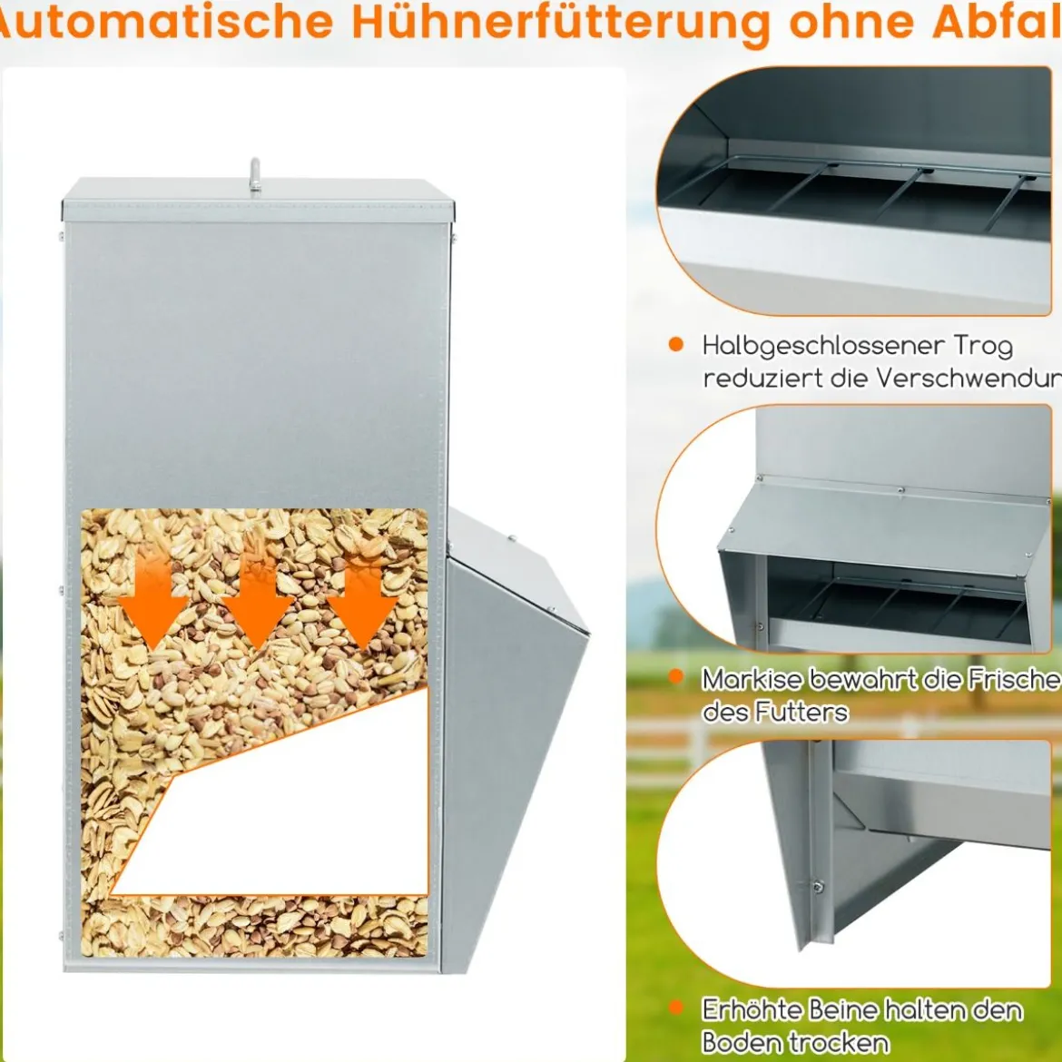 22 kg Kapazität verzinkter Hühnerfütterer Wandmontierter automatischer Geflügelfutterspender mit Deckel