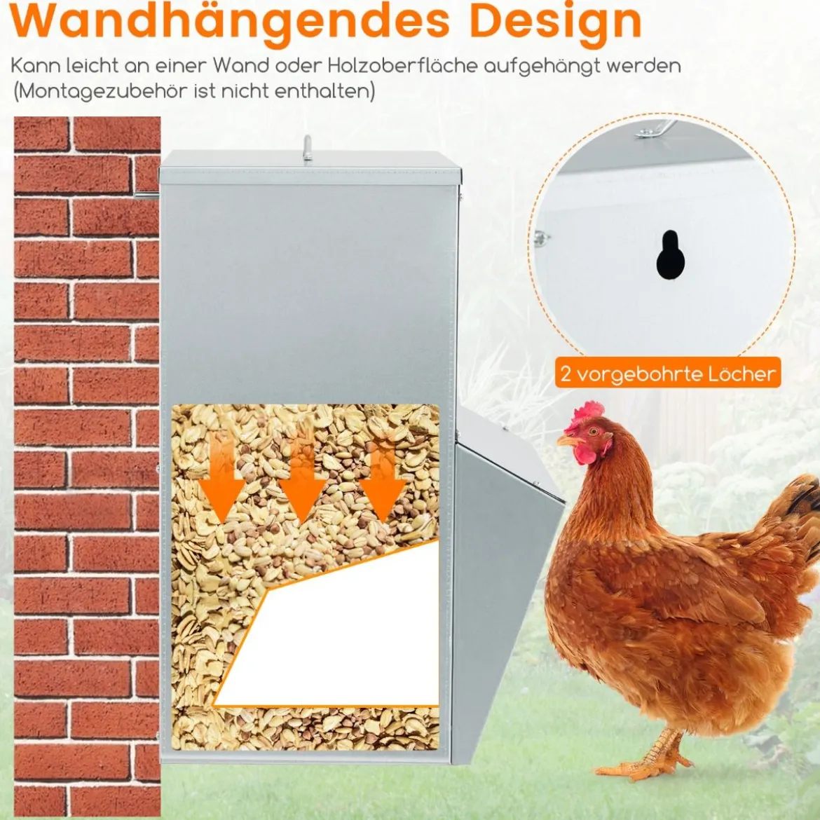22 kg Kapazität verzinkter Hühnerfütterer Wandmontierter automatischer Geflügelfutterspender mit Deckel