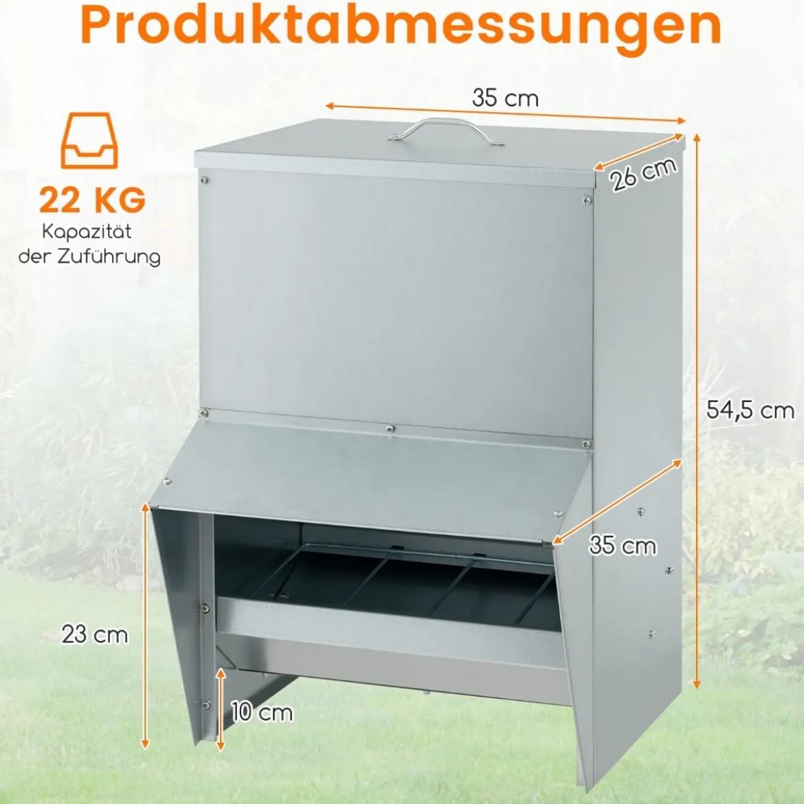 22 kg Kapazität verzinkter Hühnerfütterer Wandmontierter automatischer Geflügelfutterspender mit Deckel