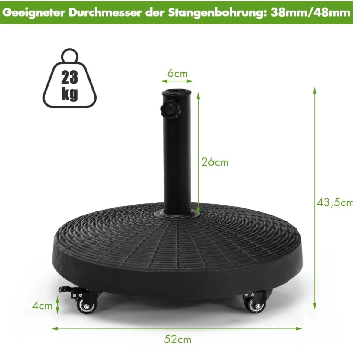 23 kg Sonnenschirmständer mit Rollen Φ52 cm Marktschirmständer Rund Schwarz
