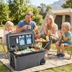Kühlbox 50 L Große Thermobox aus Kunststoff mit Rollen & Griff Isolierbox mit Ablaufstopfen Grau/Weiß