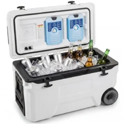 Kühlbox 50 L Große Thermobox aus Kunststoff mit Rollen & Griff Isolierbox mit Ablaufstopfen Grau/Weiß